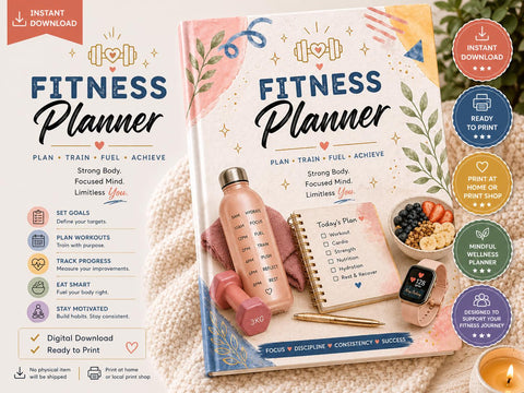 Fitness Planner Printable PDF Workout Tracker Journal for Goals Nutrition & Progress - Ready to Print
