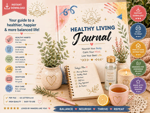 Healthy Living Journal – Habit, Nutrition, Mindfulness, Self-Care Planner (Printable PDF) Ready to Print