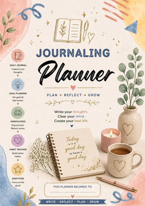 Journaling Planner Printable PDF Daily Journal for Mindfulness Reflection & Self Growth - Ready to Print
