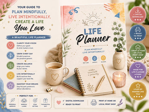 Life Planner Printable Mindful Daily Journal for Self Care & Goal Setting - Ready to Print