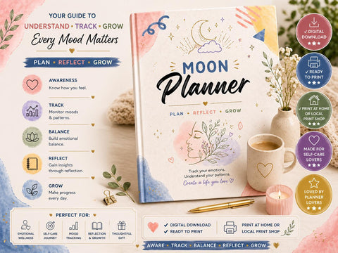 Moon Planner Printable Mood Tracker & Self Reflection Journal - Ready to Print