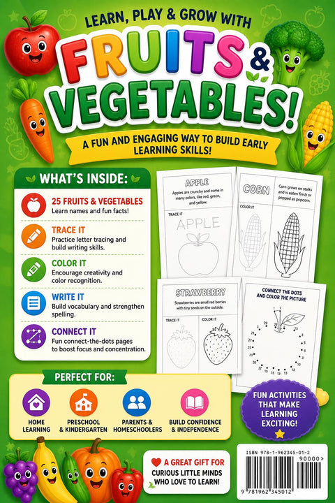 Fruits & Vegetables Activity Workbook for Kids Ages 4-8 (PDF Download)