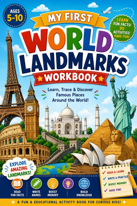 World Landmarks Activity Book for Kids Ages 5-10, Geography Learning Workbook (Printable PDF)