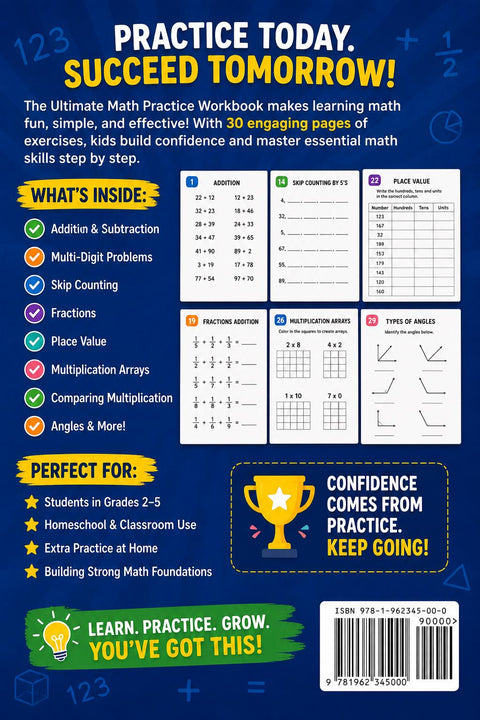 Math Practice Workbook, Addition, Subtraction, Fractions, Multiplication (PDF)
