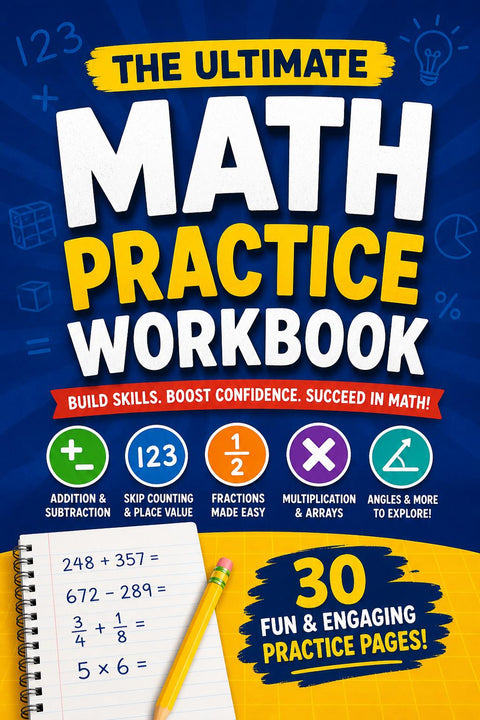 Math Practice Workbook, Addition, Subtraction, Fractions, Multiplication (PDF)