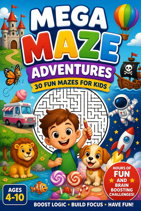Kids Maze Book Ages 4-10, Mega Maze Adventures, Brain Boosting Puzzles (Printable PDF)