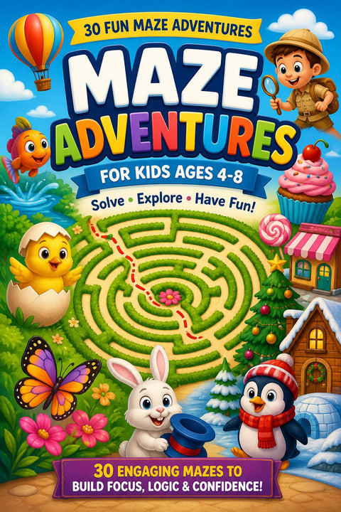 Kids Maze Book Ages 4-8 | 30 Fun Puzzles, Logic Workbook (Printable PDF)