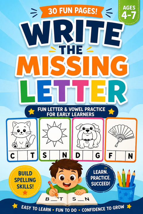 Kids Missing Letter Vowel Workbook Ages 4-7, Phonics Activity Book (Printable PDF)