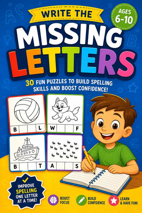 Kids Spelling Workbook Ages 6-10, Missing Letters Activity Book, Homeschool Learning (Printable PDF)