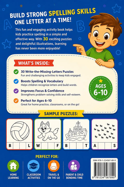 Kids Spelling Workbook Ages 6-10, Missing Letters Activity Book, Homeschool Learning (Printable PDF)