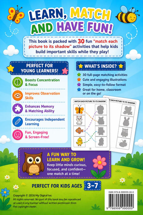 Kids Shadow Matching Activity Book, Preschool Learning Printable (Ages 3-7)