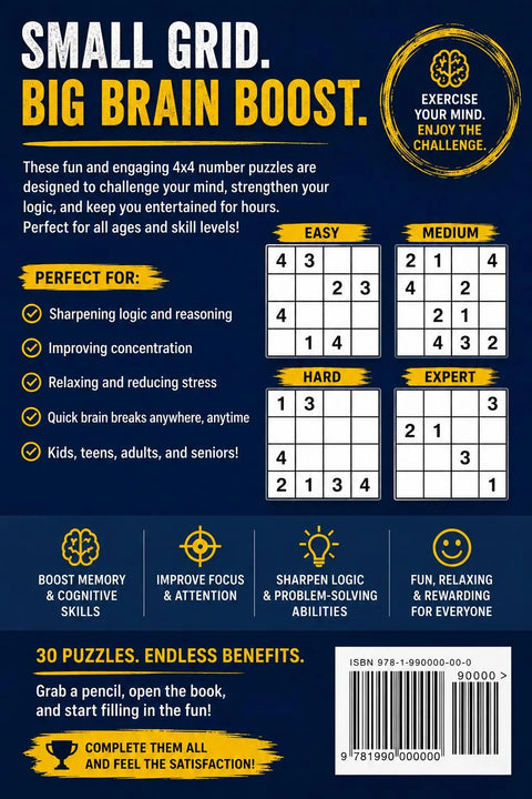 4x4 Sudoku Puzzle Book | Beginner Logic Brain Games Workbook (Printable Style)