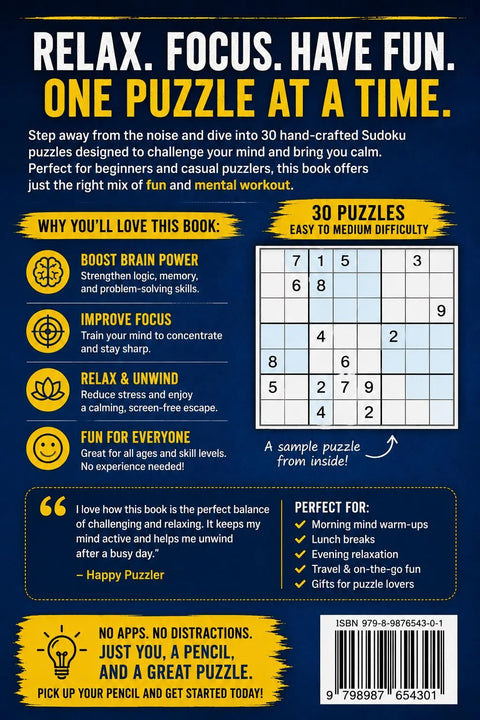Sudoku Puzzle Book for Adults Teens | 30 Easy Medium Brain Games Workbook