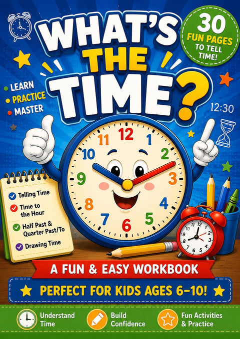 Kids Time Telling Workbook, Ages 6-10, Learn to Tell Time Activity Book (PDF Download)