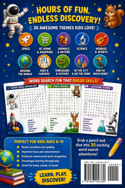 Kids Word Search Book Ages 8-9, 30 Fun Themed Puzzles, Educational Activity Workbook
