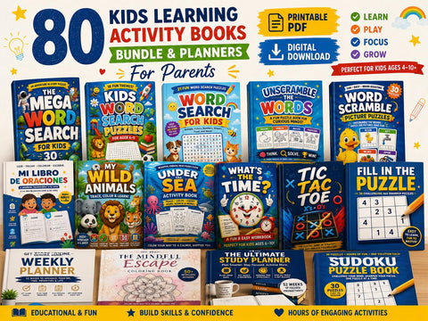 80 Kids Learning Activity Books Bundle, ABC Tracing, Coloring, Puzzles (Printable PDF)