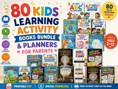 80 Kids Learning Activity Books Bundle, ABC Tracing, Coloring, Puzzles (Printable PDF)