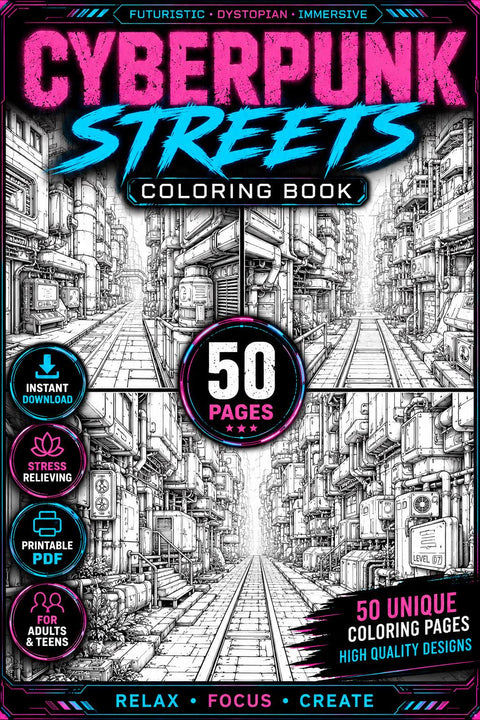 Cyberpunk Streets Coloring Book, 50 Futuristic Sci-Fi Pages (Printable PDF)