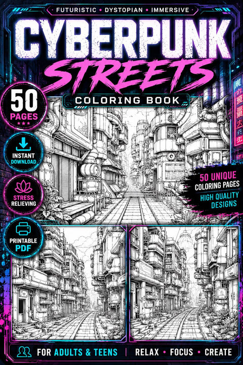 Cyberpunk Streets Coloring Book, 50 Futuristic Sci-Fi Pages (Printable PDF)