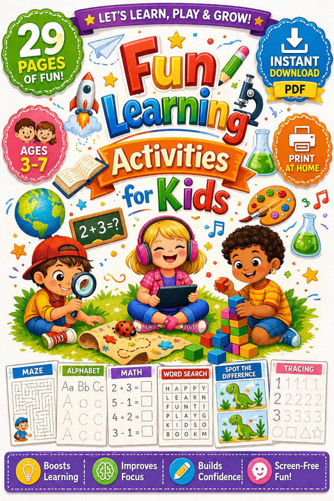 Kids Learning Activity Book | Preschool, Kindergarten Tracing, Puzzles, Math (PDF Download)