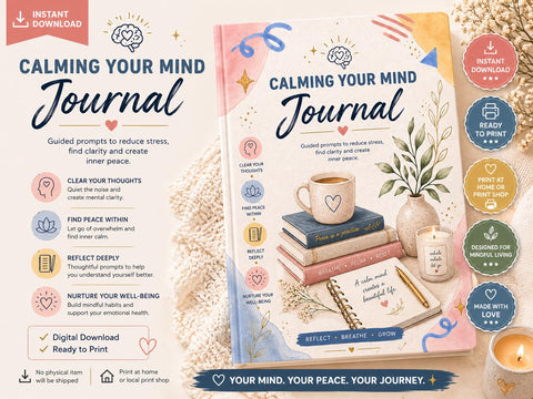 Calming Mind Journal – Stress Relief, Anxiety, Mindfulness Prompts (Printable PDF) Ready to Print