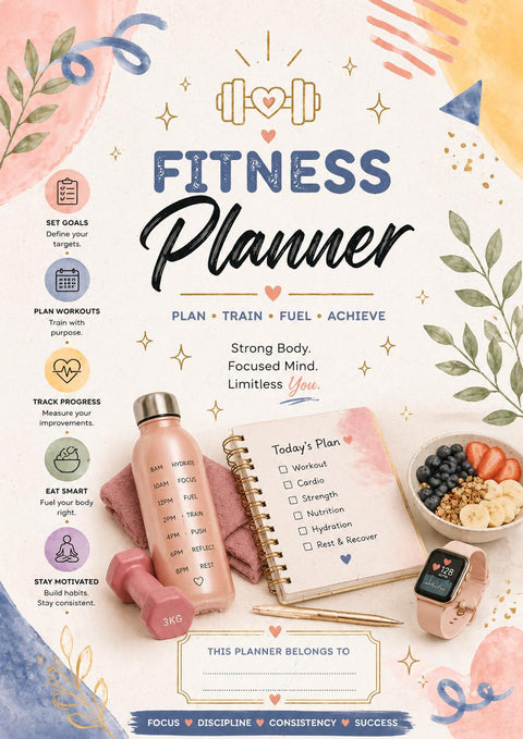 Fitness Planner Printable PDF Workout Tracker Journal for Goals Nutrition & Progress - Ready to Print