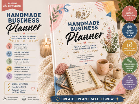 Handmade Business Planner – Etsy Seller Organizer, Product Ideas, Sales Tracking (Printable PDF)