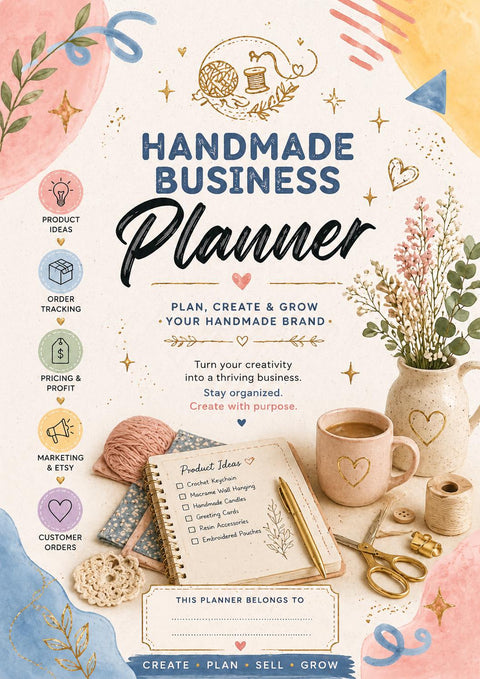 Handmade Business Planner – Etsy Seller Organizer, Product Ideas, Sales Tracking (Printable PDF)