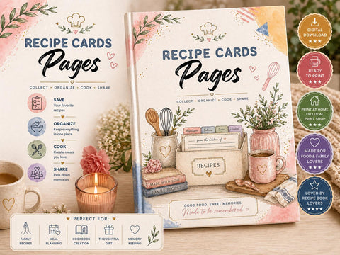 Printable Recipe Cards Template Kitchen Organizer Cooking Journal Pages - Ready to Print