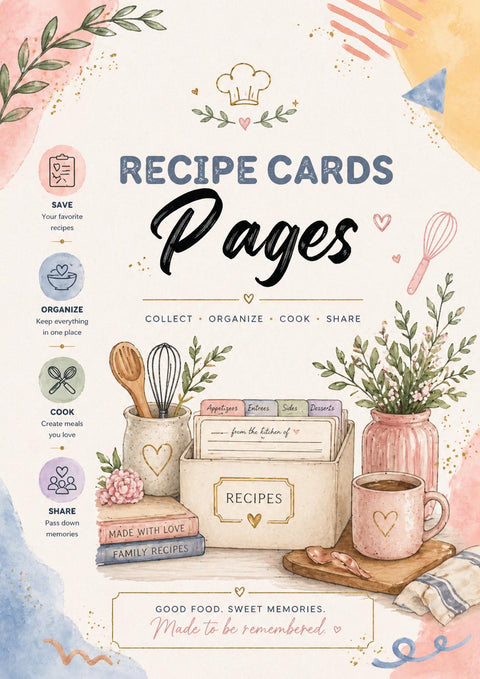 Printable Recipe Cards Template Kitchen Organizer Cooking Journal Pages - Ready to Print