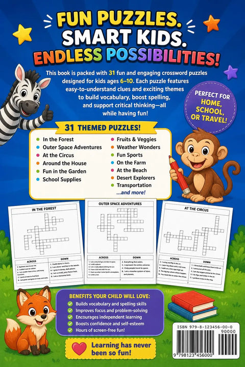 Kids Crossword Puzzle Book | Fun Educational Activity for Ages 6-10 (Printable PDF)