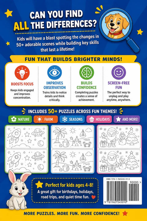 Spot The Difference Activity Book for Kids Ages 4-8 | 50+ Puzzles (Printable PDF)