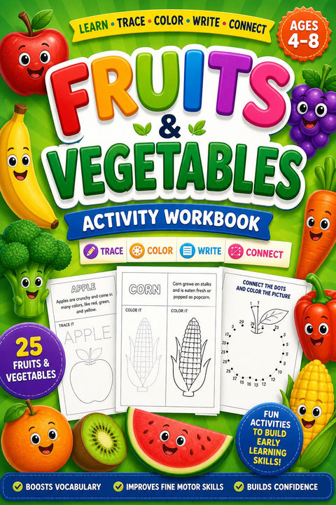 Fruits & Vegetables Activity Workbook for Kids Ages 4-8 (PDF Download)