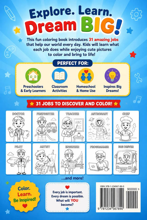 Kids Jobs Coloring Book, Career Learning Activity, Ages 3-7 (Printable PDF)