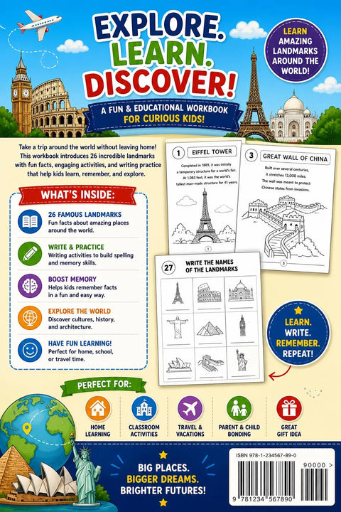 World Landmarks Activity Book for Kids Ages 5-10, Geography Learning Workbook (Printable PDF)