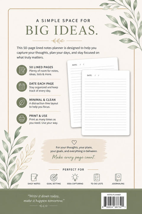 Minimalist Lined Notes Planner, Undated Daily Journal Pages, Productivity Insert (PDF Download)