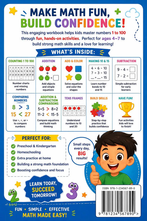 Counting 1-100 Math Workbook for Kids Ages 4-7, Preschool Kindergarten Activities (Printable PDF)