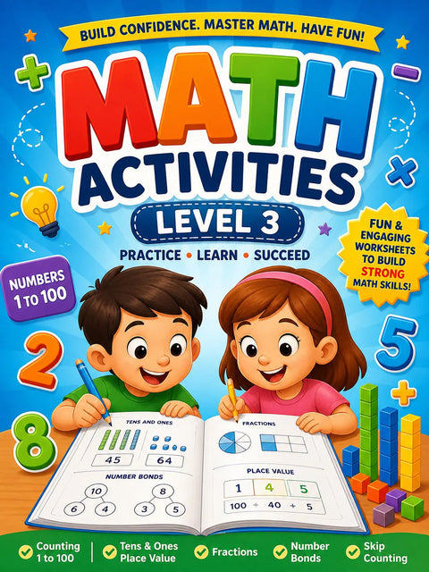 Math Activities Workbook Level 3, Grade 2-3, Place Value, Fractions (Digital Download)