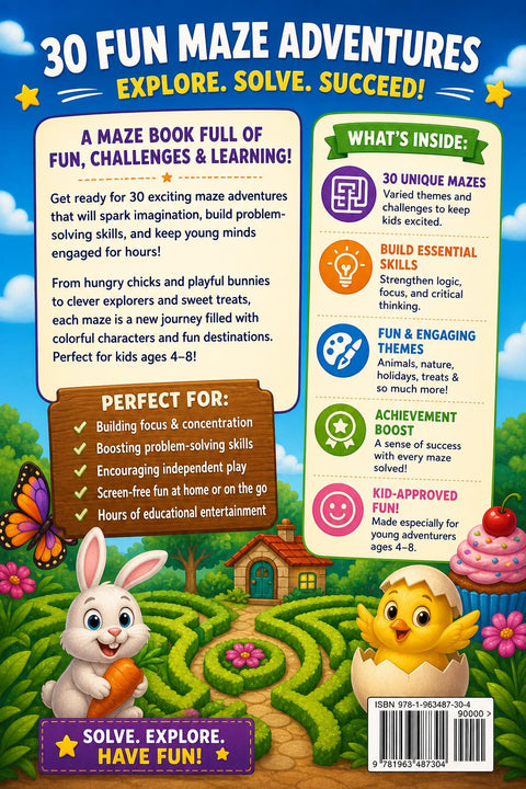 Kids Maze Book Ages 4-8 | 30 Fun Puzzles, Logic Workbook (Printable PDF)