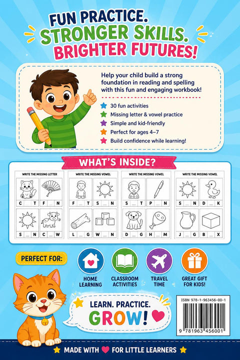 Kids Missing Letter Vowel Workbook Ages 4-7, Phonics Activity Book (Printable PDF)