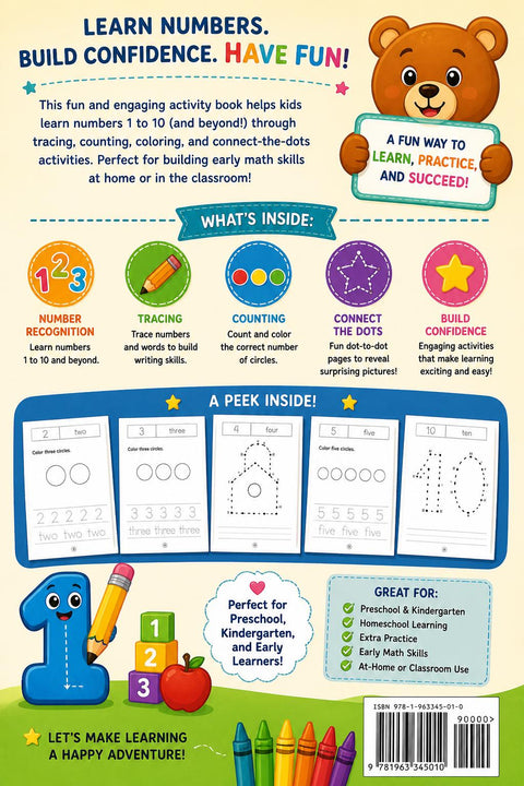 Numbers 1-10 Activity Book, Trace Count Learn Preschool Math Worksheet (PDF Download)