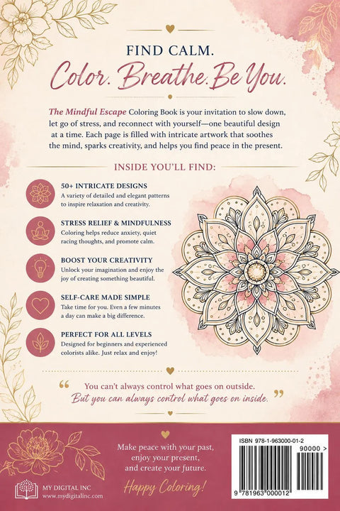 Mindful Escape Coloring Book, Mandala Designs, Stress Relief, Self Care (Printable PDF)