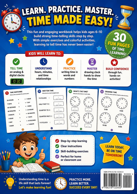 Kids Time Telling Workbook, Ages 6-10, Learn to Tell Time Activity Book (PDF Download)