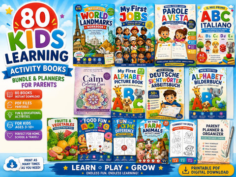 80 Kids Learning Activity Books Bundle, ABC Tracing, Coloring, Puzzles (Printable PDF)