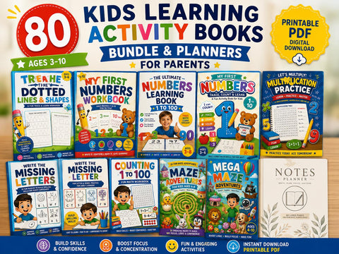 80 Kids Learning Activity Books Bundle, ABC Tracing, Coloring, Puzzles (Printable PDF)