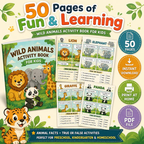 Wild Animals Activity Book for Kids | 50 Pages Fun Learning (PDF Download)