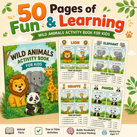 Wild Animals Activity Book for Kids | 50 Pages Fun Learning (PDF Download)