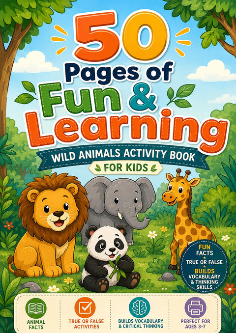 Wild Animals Activity Book for Kids | 50 Pages Fun Learning (PDF Download)