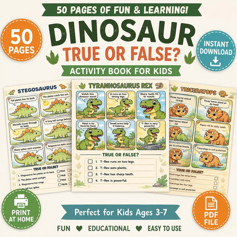 Dinosaur True or False Activity Book | Kids Learning PDF (Instant Download)