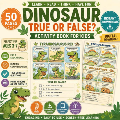 Dinosaur True or False Activity Book | Kids Learning PDF (Instant Download)
